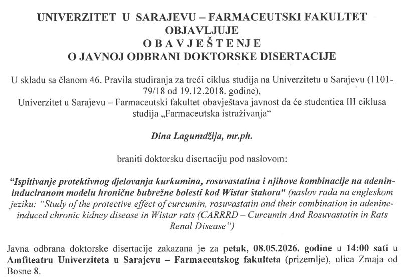 Obavjestenje o javnoj odbrani doktorske disertacije Dina Lagumdzija