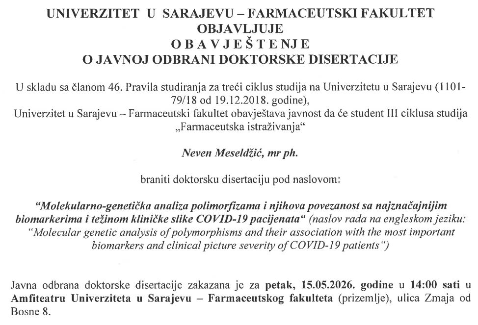 Obavjestenje o javnoj odbrani doktorske disertacije Neven Meseldzic