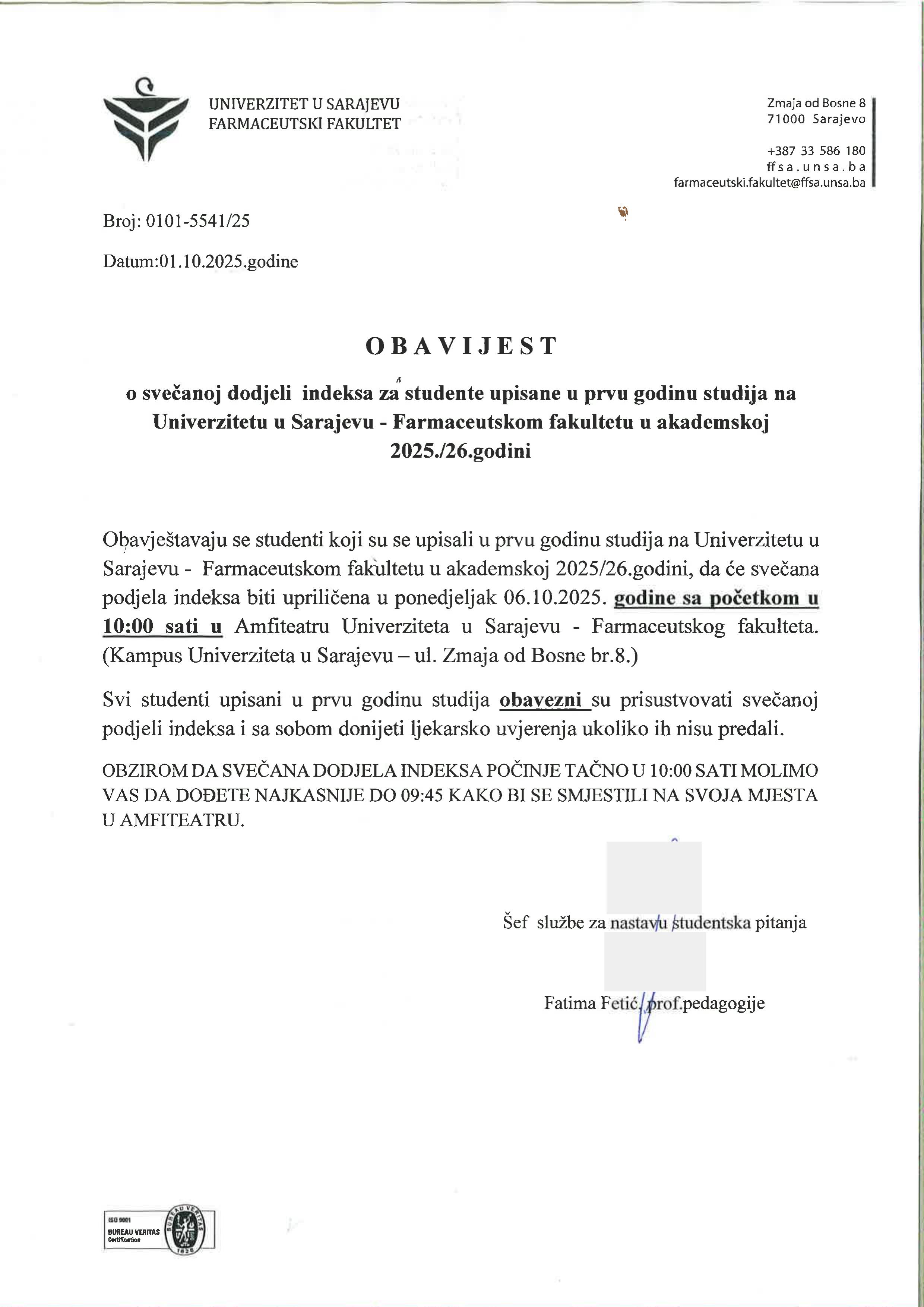 Obavijest o svecanoj dodjeli indeksa za studente upisane u prvu godinu studija