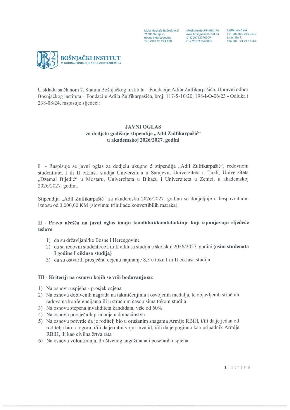 Javni oglas za dodjelu stipendije 2026