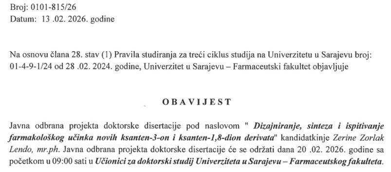 Obavjestenje o odbrani projekta doktorske disertacije Zerina Zorlak Lendo